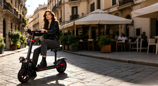 Electric scooter parked securely in a busy city street