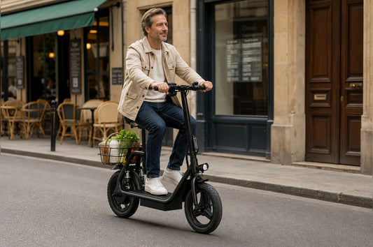 electric scooter rider travelling along a European city street