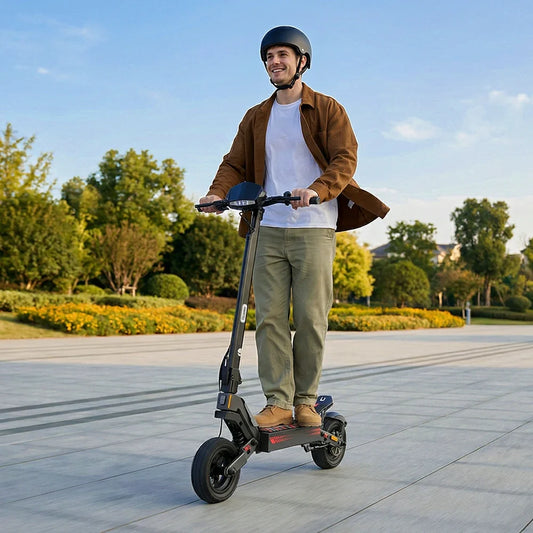 electric scooter rider slowing down safely on a city street