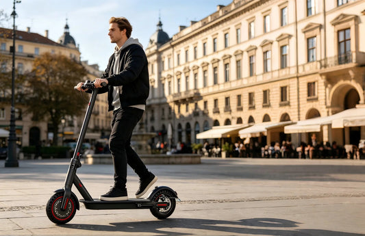 Electric scooter rider commuting on European streets