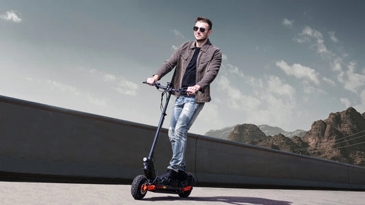 electric scooter rider leaving a city transport hub