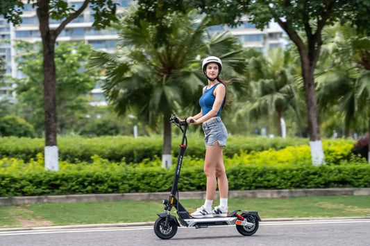 electric scooter rider commuting through a modern European city