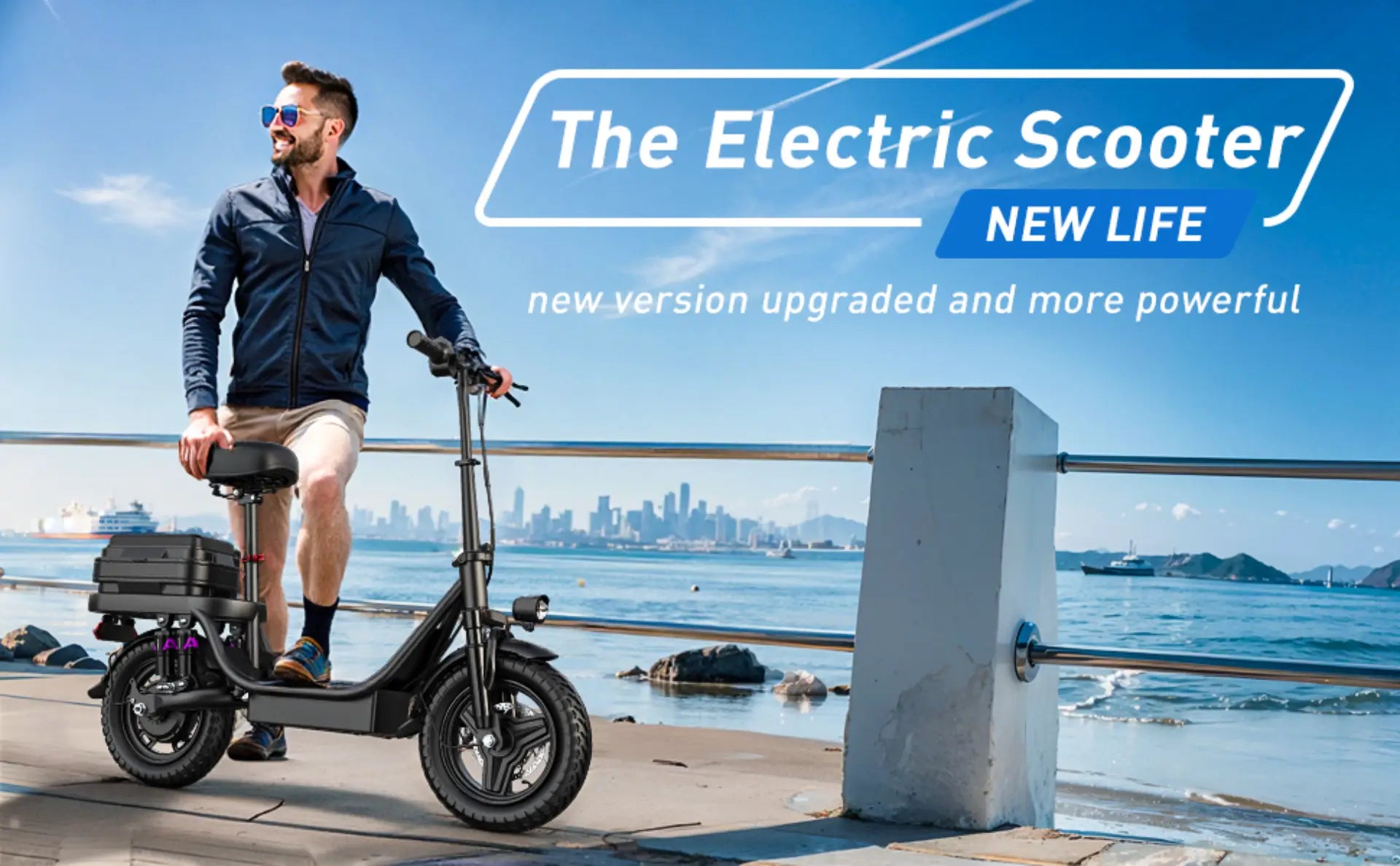 Toofly GQ8 electric scooter parked beside rider in downtown area