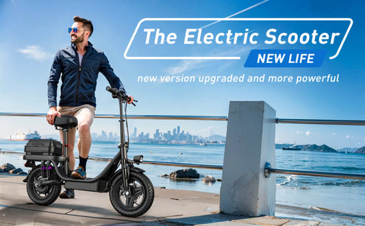 Toofly GQ8 electric scooter parked beside rider in downtown area